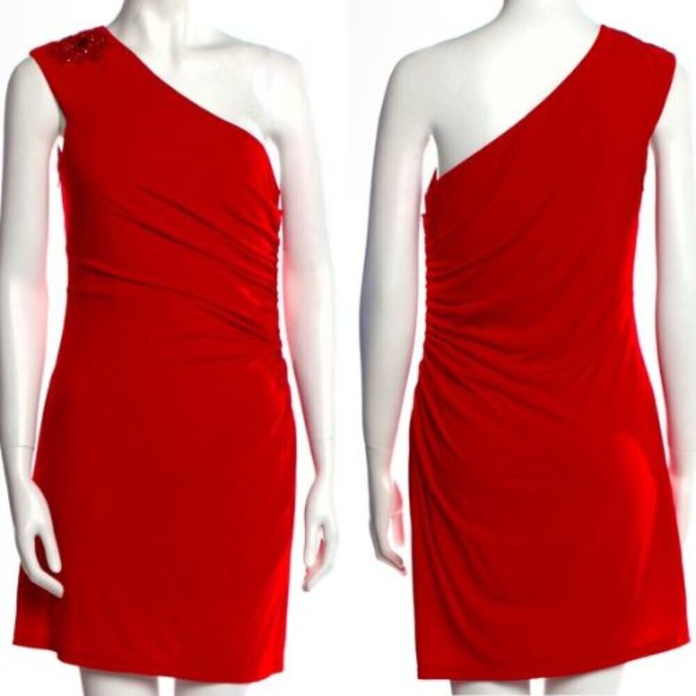 David Meister Red Crystal Embellished One-Shoulder Mini Dress 12 23636